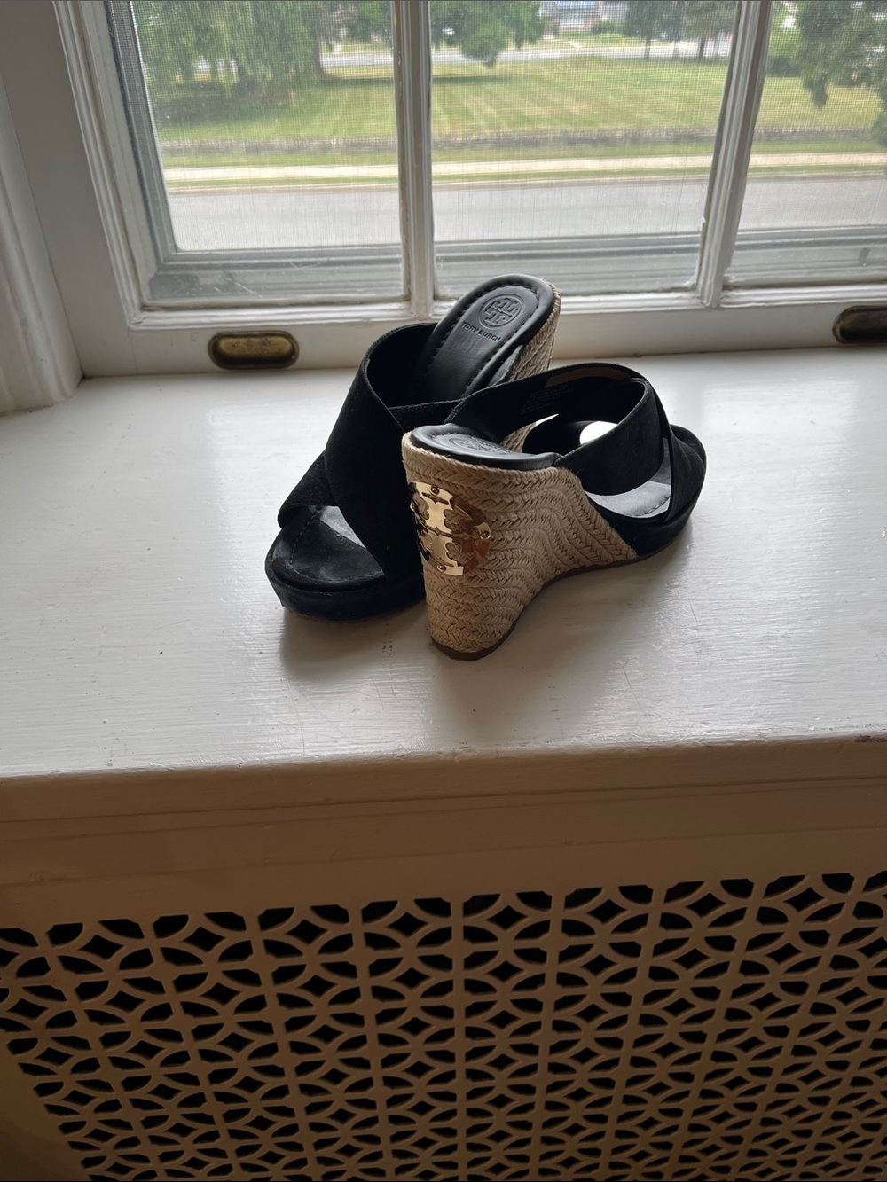 Tory Burch Women's Black Wedge Sandals with Gold Accent
